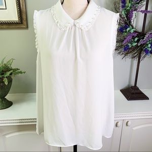 Elle Sz XL High Neck Sheer White Blouse w/ Pearls